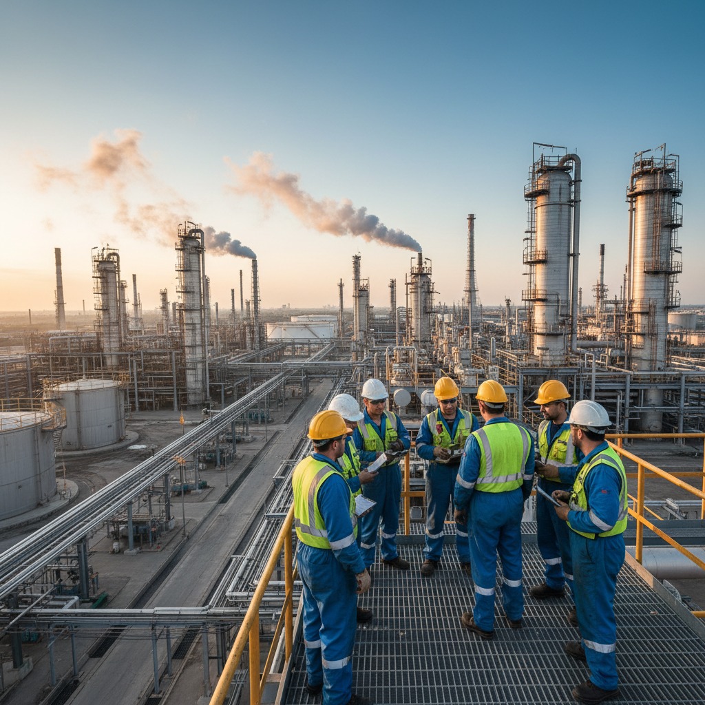 Blue colour workers in a refinery